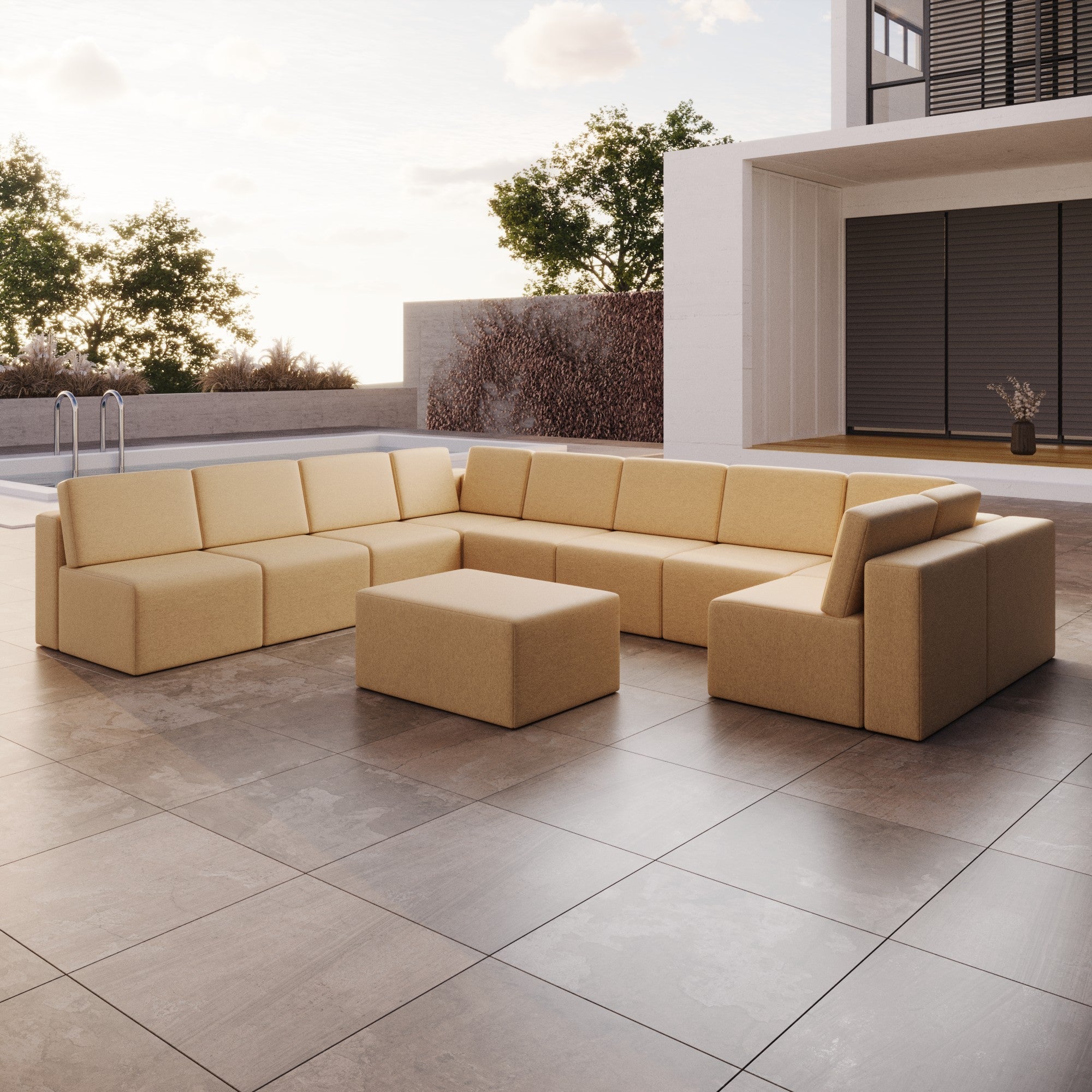 Luxuriöses Modulares Gartensofa Set U-Form mit Beistellhocker – Wetterfest