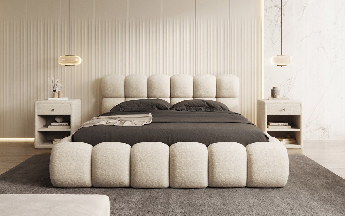 Designer Polsterbett Boston Bouclé mit Stauraum, Samtbezug, moderne Optik