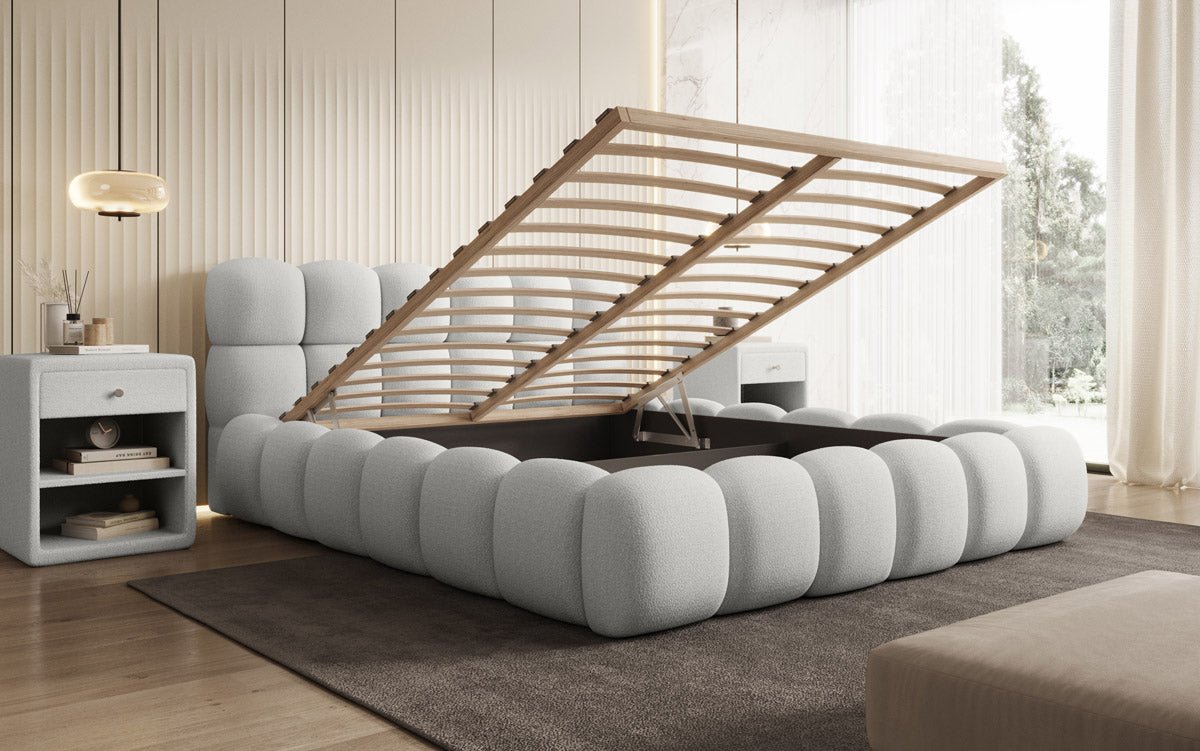 Designer Polsterbett Boston Bouclé mit Stauraum, Samtbezug, moderne Optik