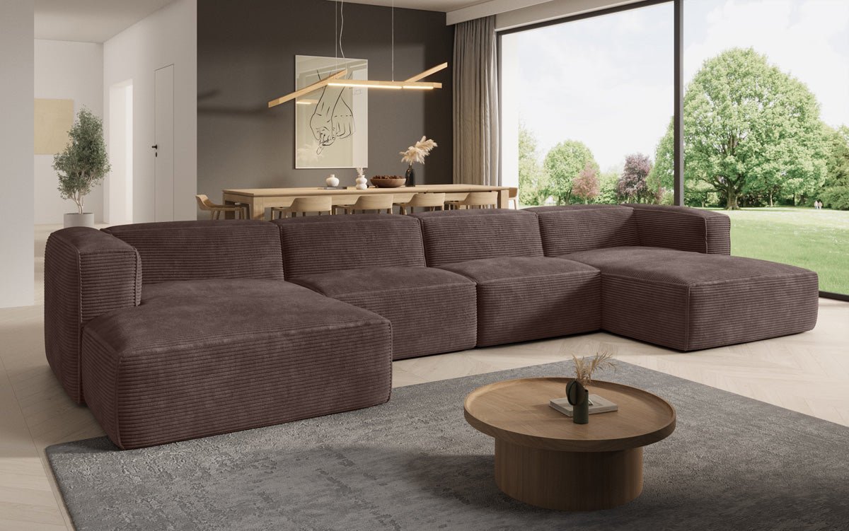 Gemütliches U-förmiges Cord-Sofa: Luxuriöser Komfort mit Schlaffunktion und Stauraum
