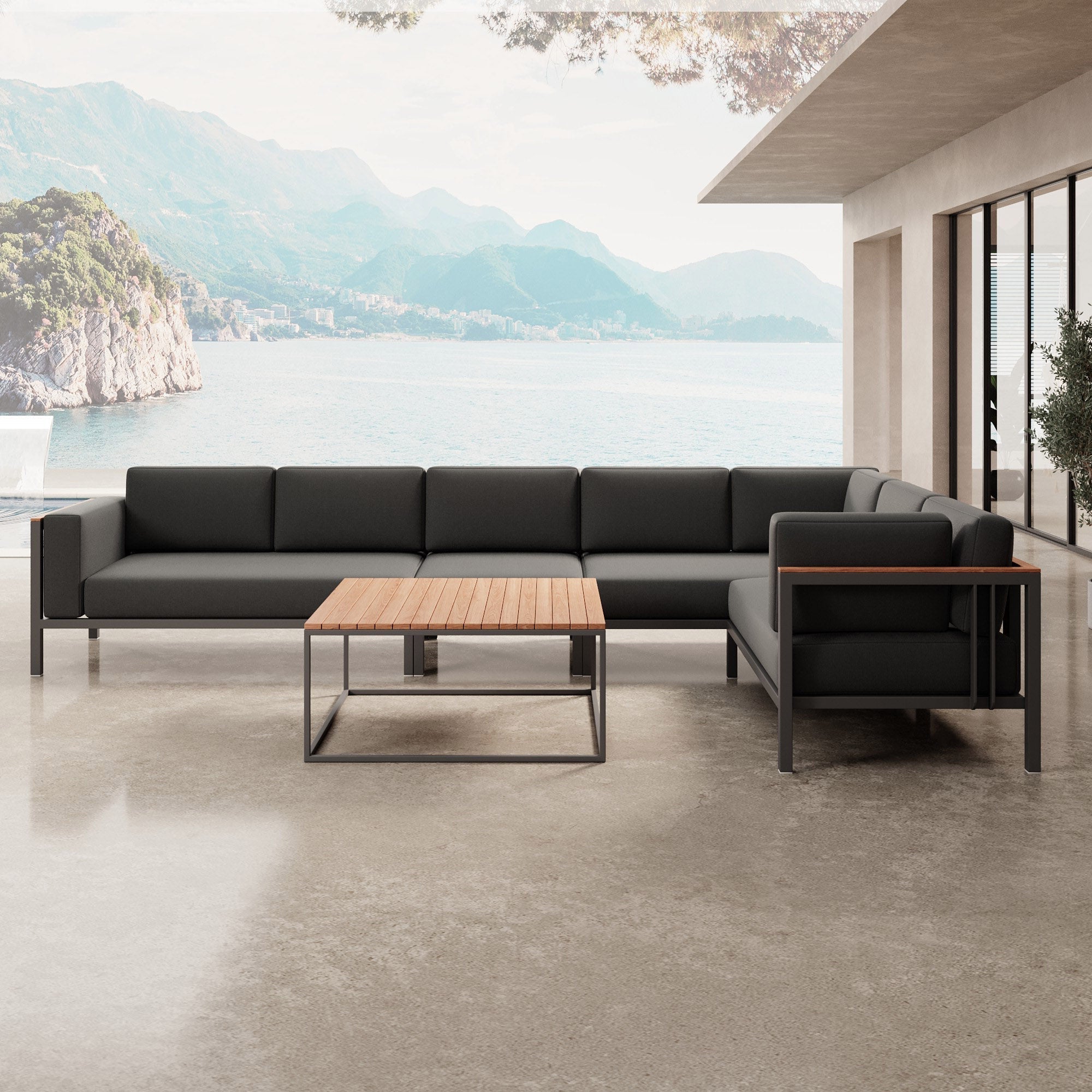 Euphoria Luxus Gartenlounge Aluminium Sunbrella Stoff Ecksofa Set mit Tisch