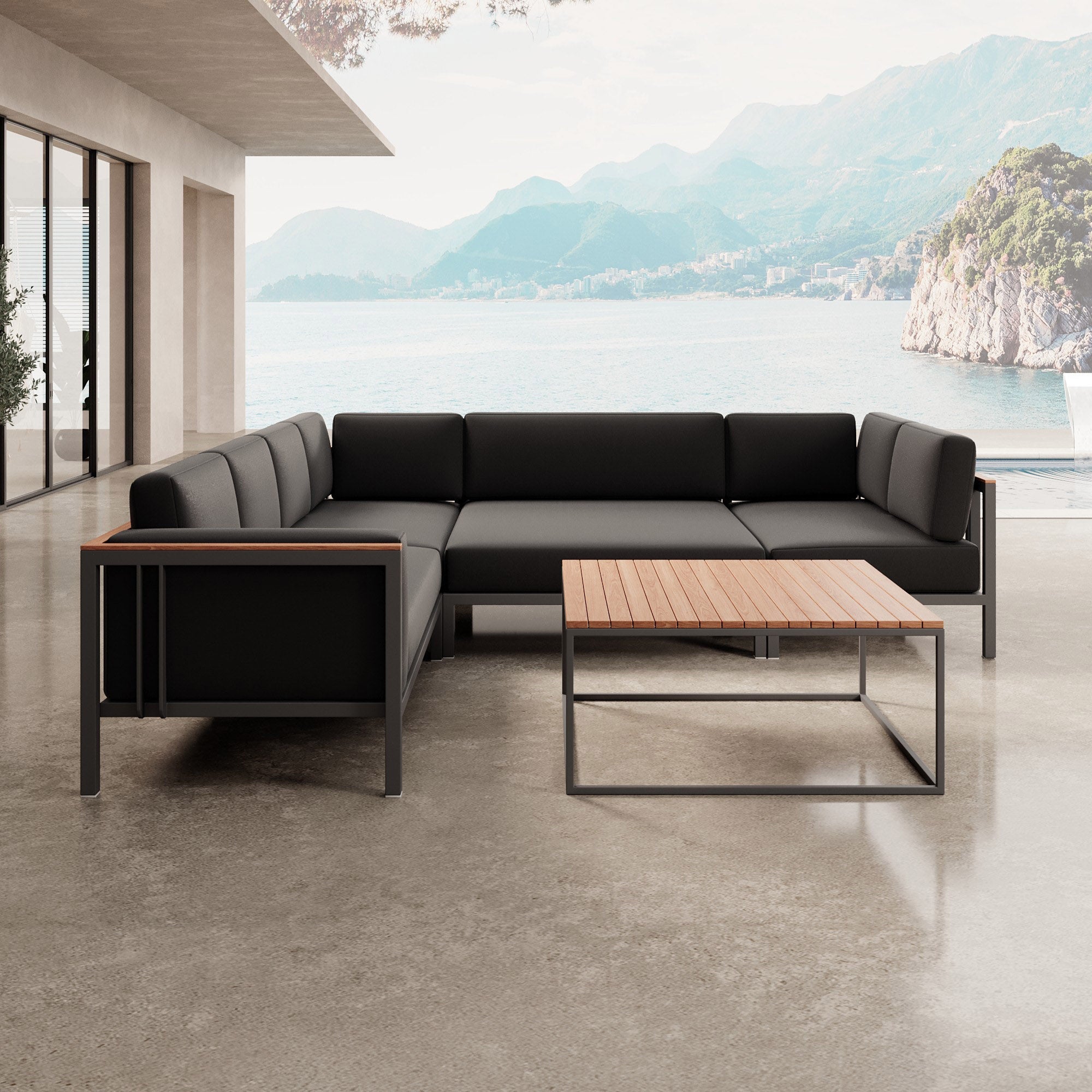 Luxuriöse Garten-Ecklounge mit Tisch: Wetterfestes Aluminium, Sunbrella-Stoff, Aevora Kollektion