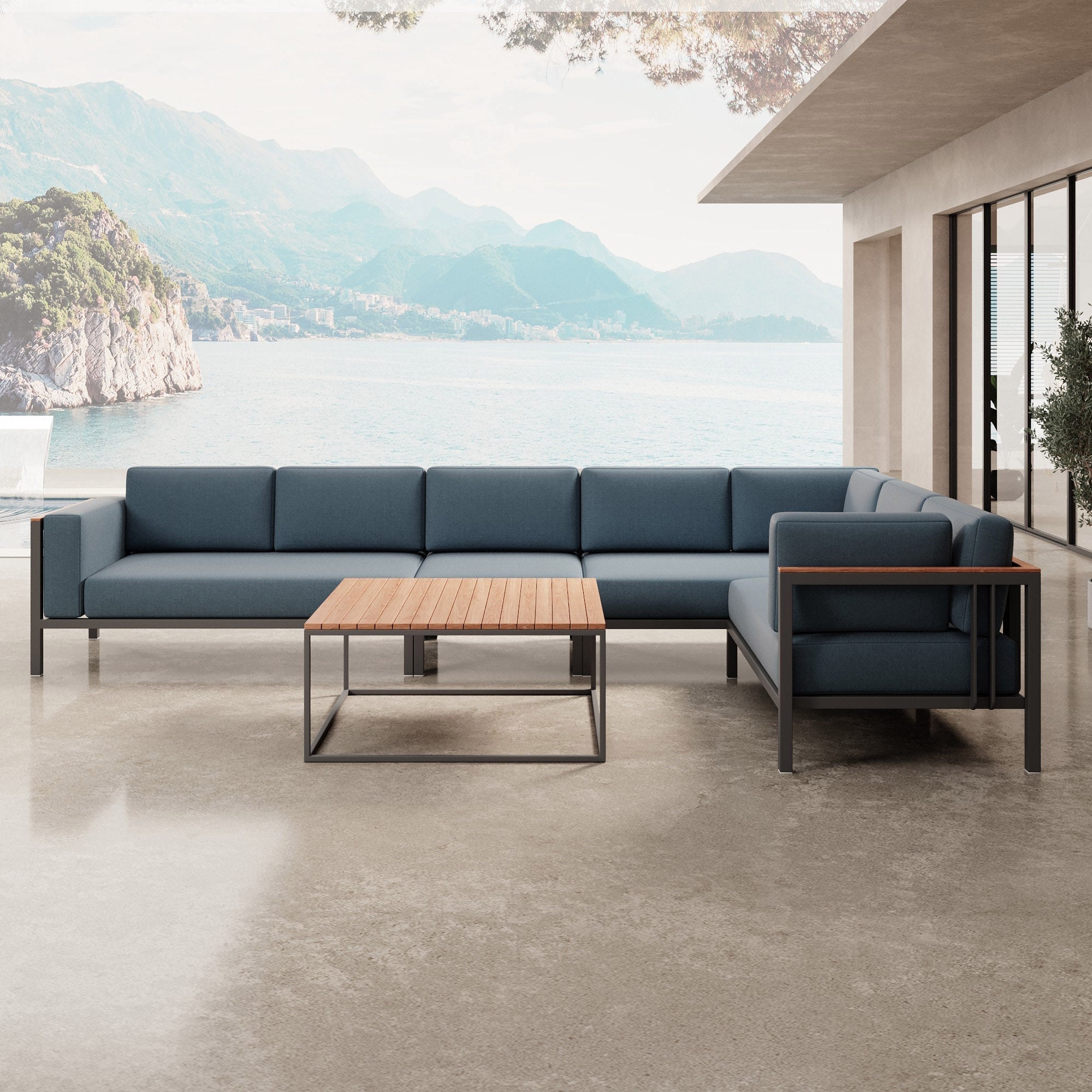 Euphoria Luxus Gartenlounge Aluminium Sunbrella Stoff Ecksofa Set mit Tisch