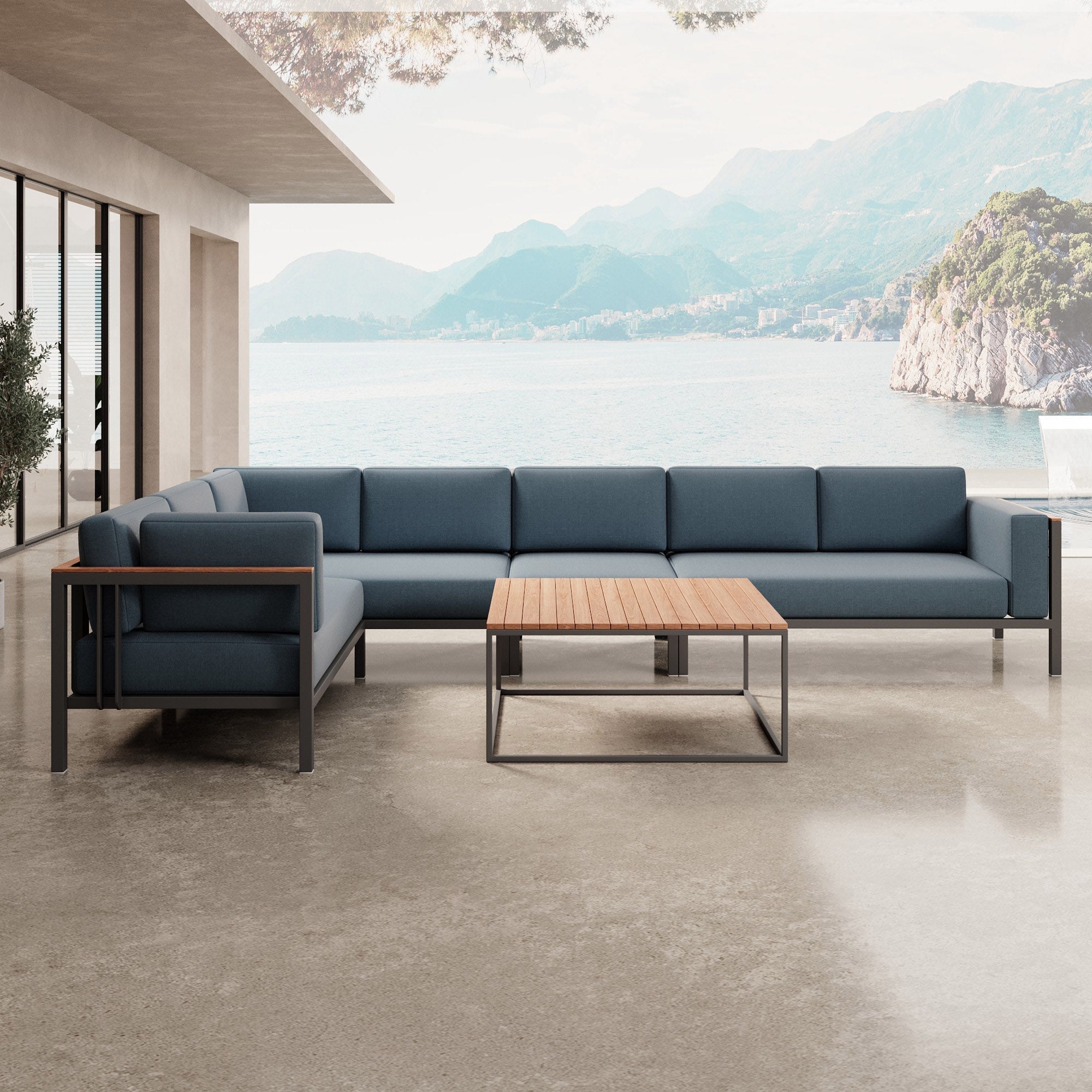 Euphoria Luxus Gartenlounge Aluminium Sunbrella Stoff Ecksofa Set mit Tisch