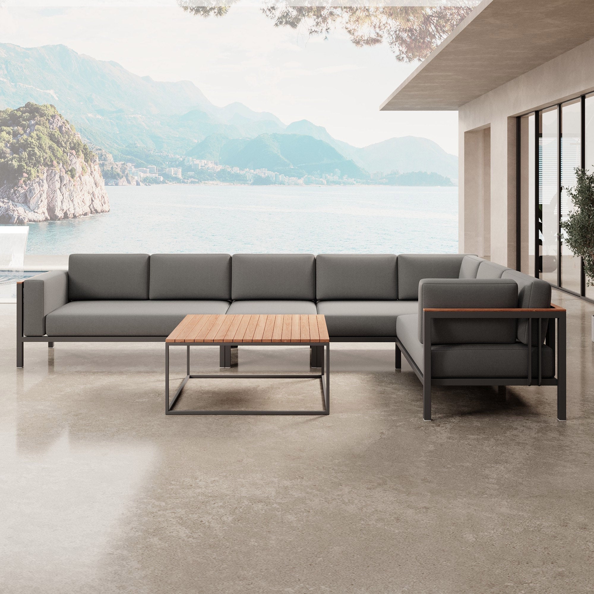 Euphoria Luxus Gartenlounge Aluminium Sunbrella Stoff Ecksofa Set mit Tisch