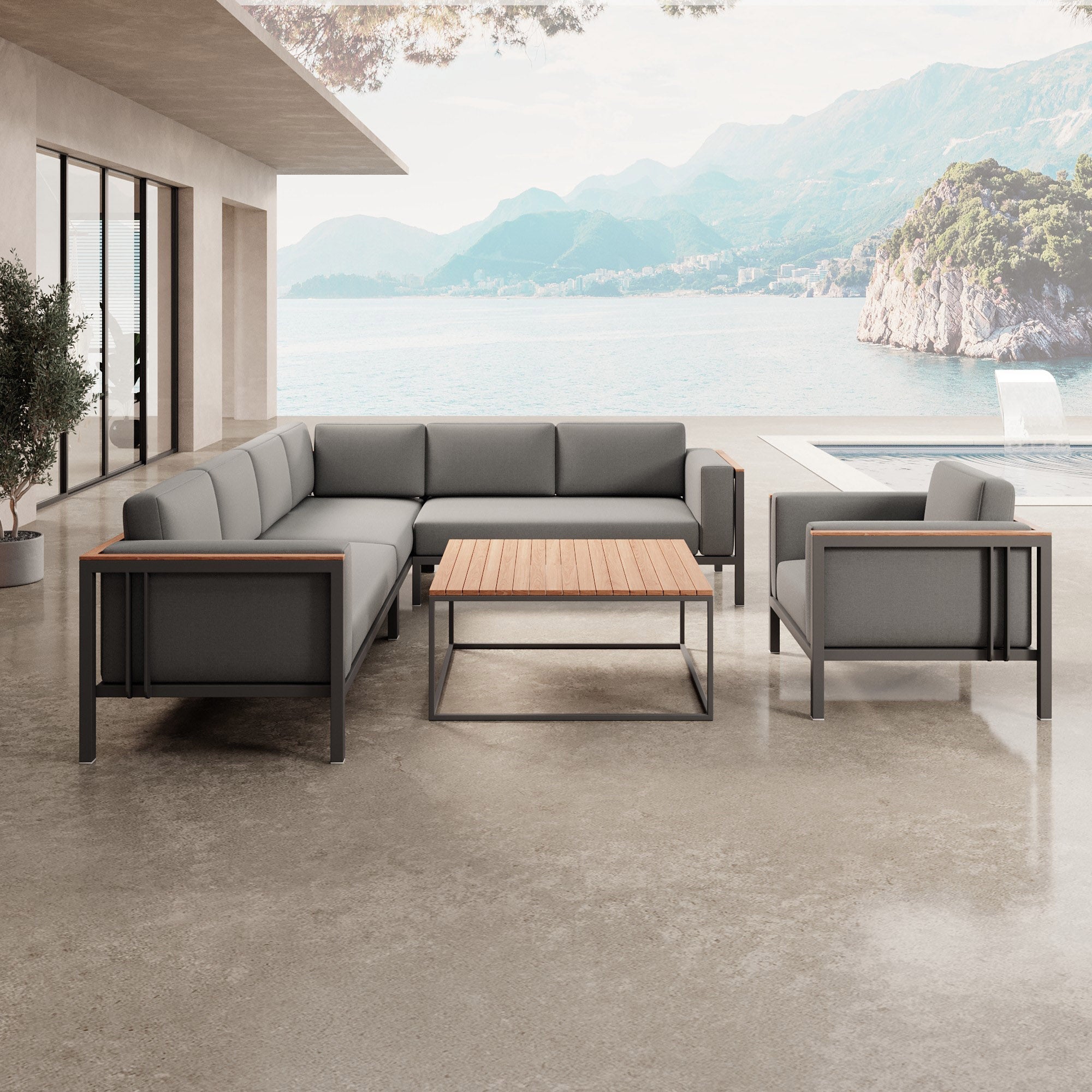 Luxuriöse Euphoria Ecklounge: Elegantes Aluminium Gartenmöbel-Set mit Sunbrella Polstern, wetterfest, modern.