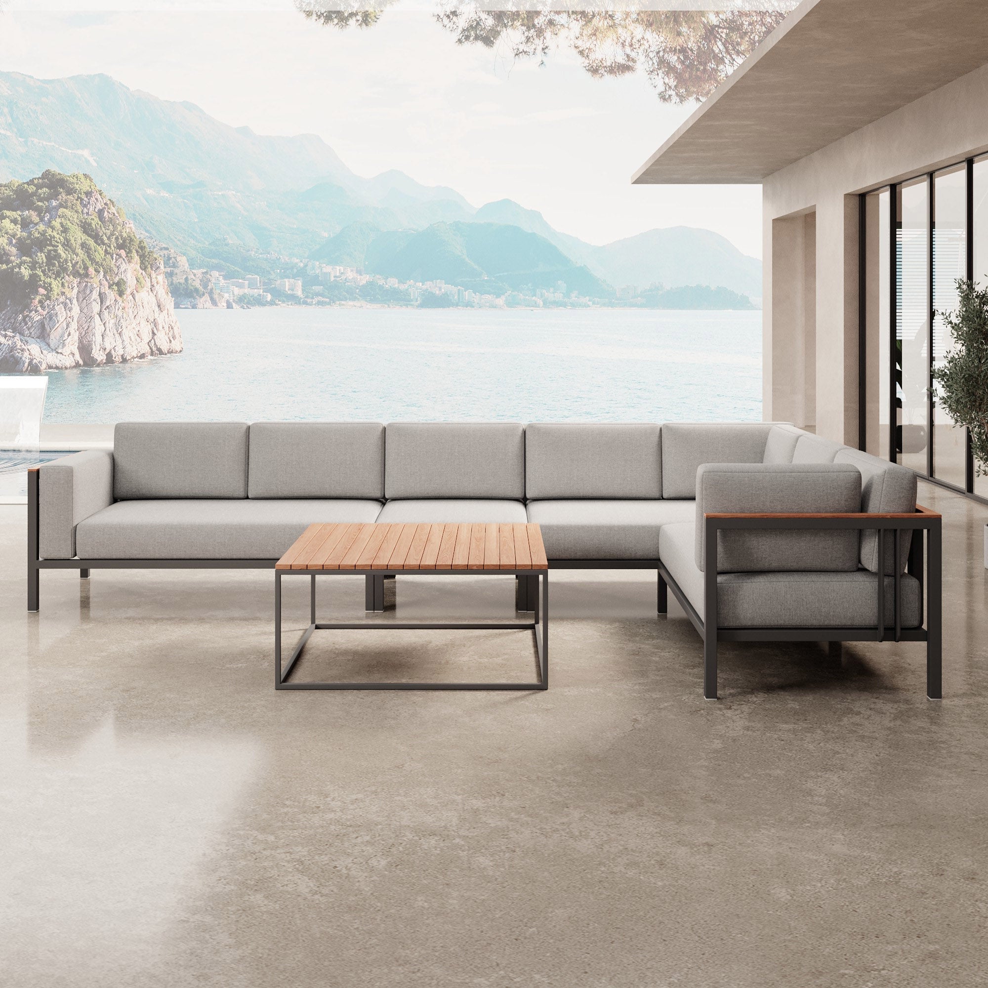 Euphoria Luxus Gartenlounge Aluminium Sunbrella Stoff Ecksofa Set mit Tisch