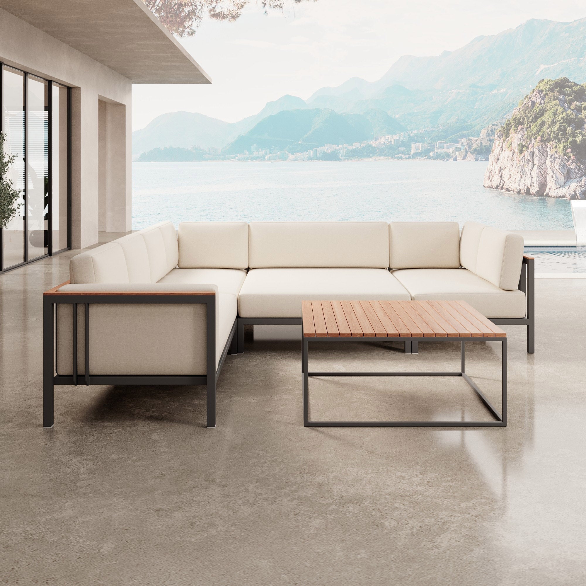 Luxuriöse Garten-Ecklounge mit Tisch: Wetterfestes Aluminium, Sunbrella-Stoff, Aevora Kollektion
