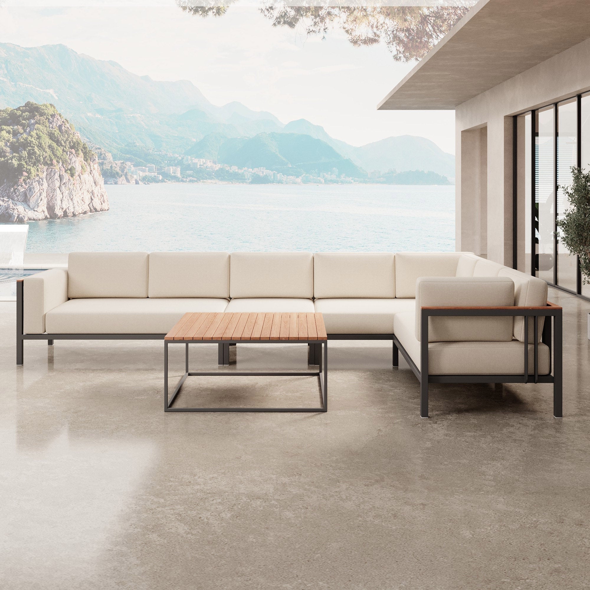 Euphoria Luxus Gartenlounge Aluminium Sunbrella Stoff Ecksofa Set mit Tisch