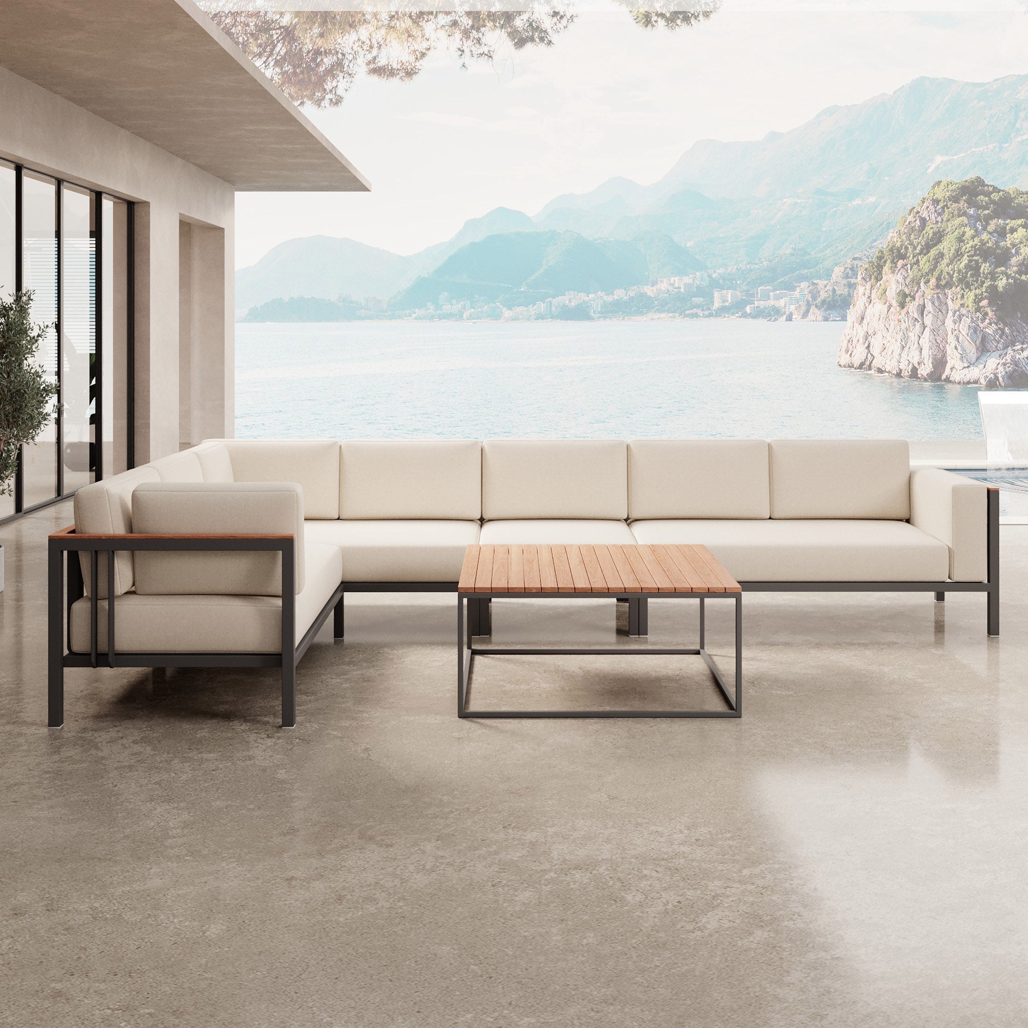 Euphoria Luxus Gartenlounge Aluminium Sunbrella Stoff Ecksofa Set mit Tisch