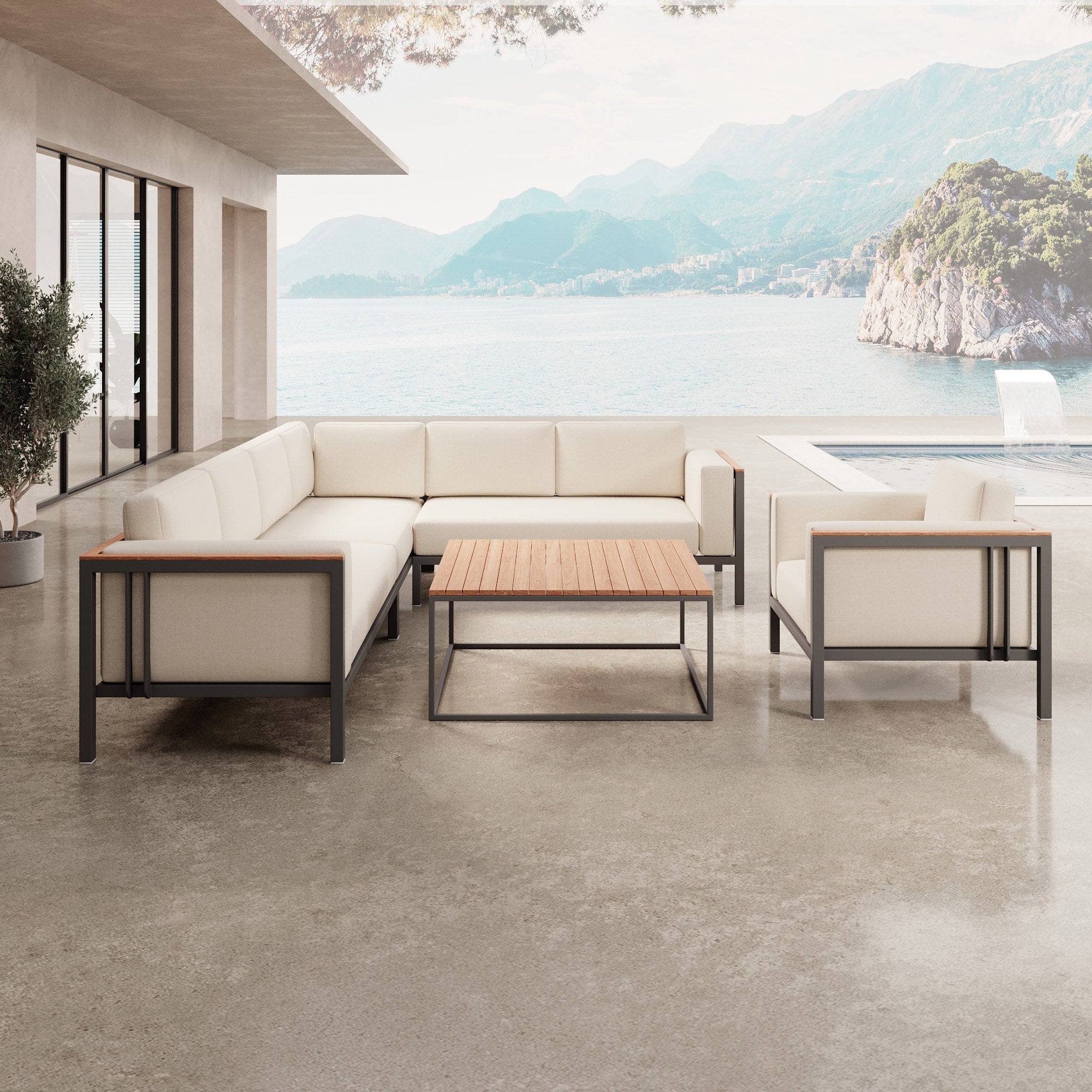 Luxuriöse Euphoria Ecklounge: Elegantes Aluminium Gartenmöbel-Set mit Sunbrella Polstern, wetterfest, modern.