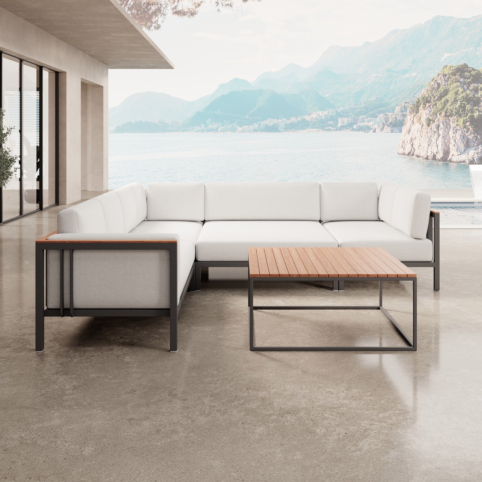 Luxuriöse Garten-Ecklounge mit Tisch: Wetterfestes Aluminium, Sunbrella-Stoff, Aevora Kollektion