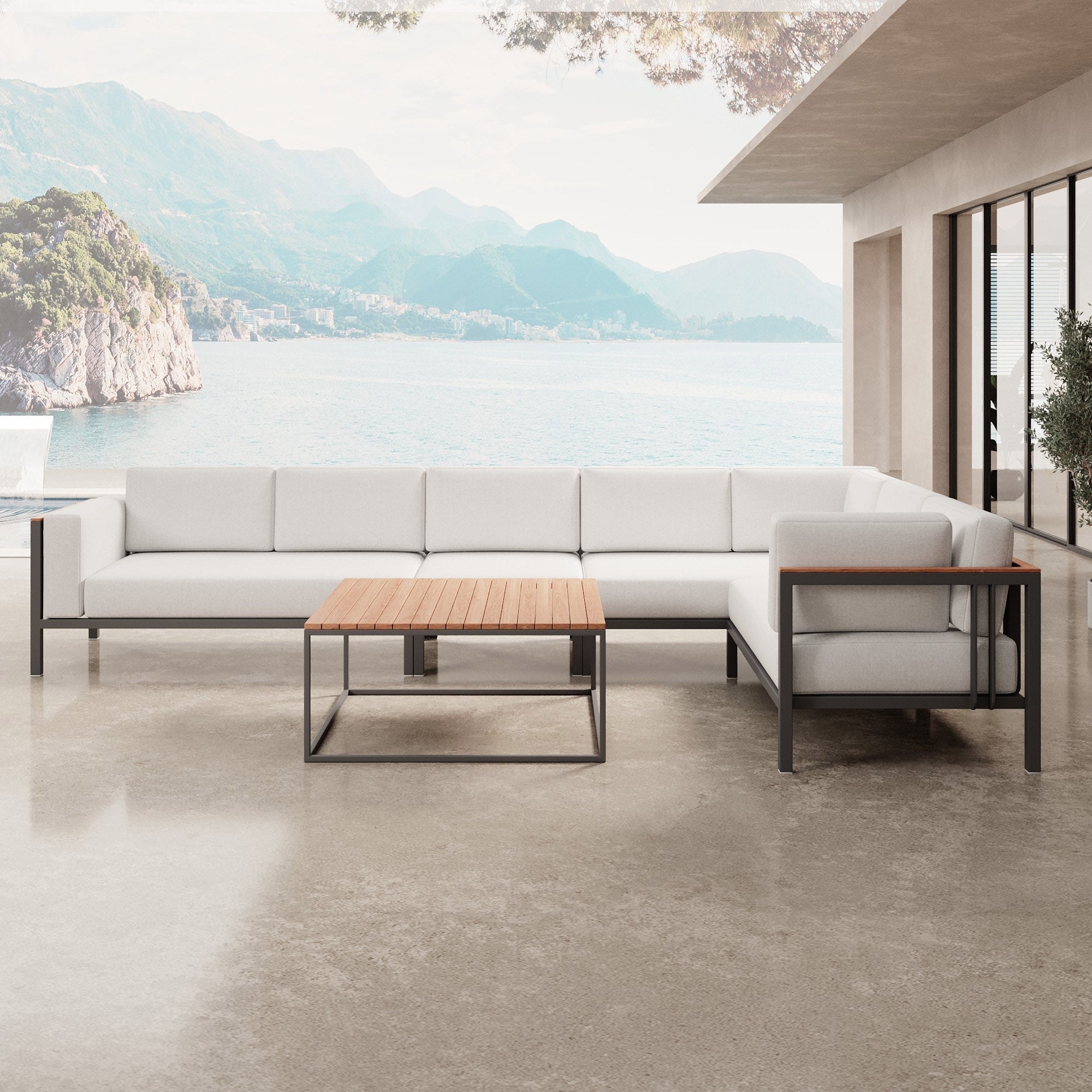 Euphoria Luxus Gartenlounge Aluminium Sunbrella Stoff Ecksofa Set mit Tisch