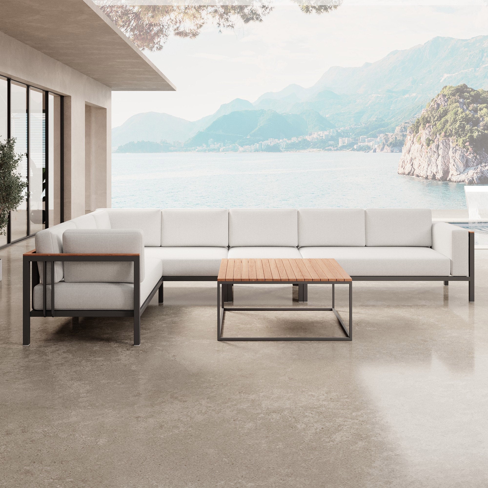 Euphoria Luxus Gartenlounge Aluminium Sunbrella Stoff Ecksofa Set mit Tisch