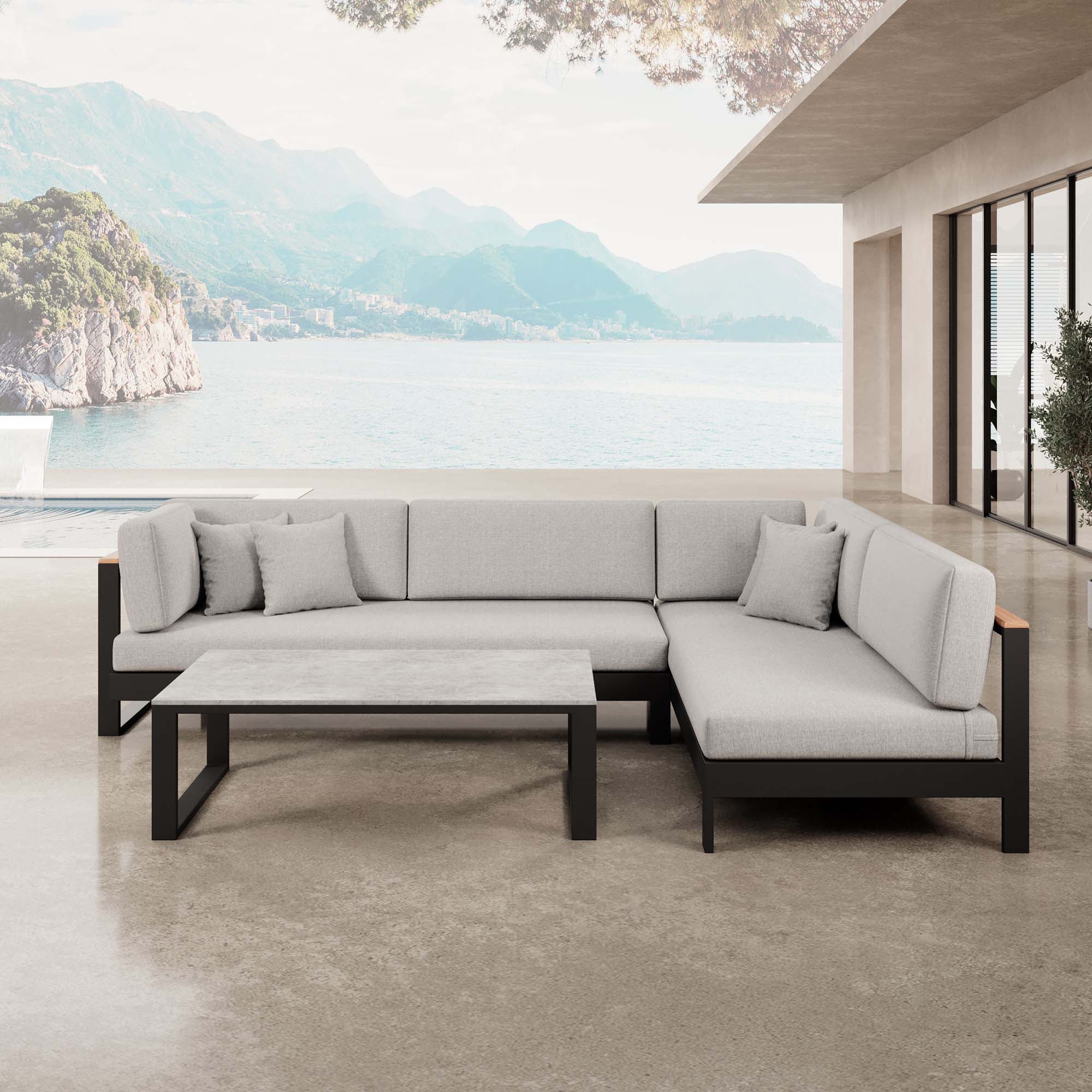 Vayla Luxus Garten Ecklounge Set – Modulares Aluminium Ecksofa & Tisch