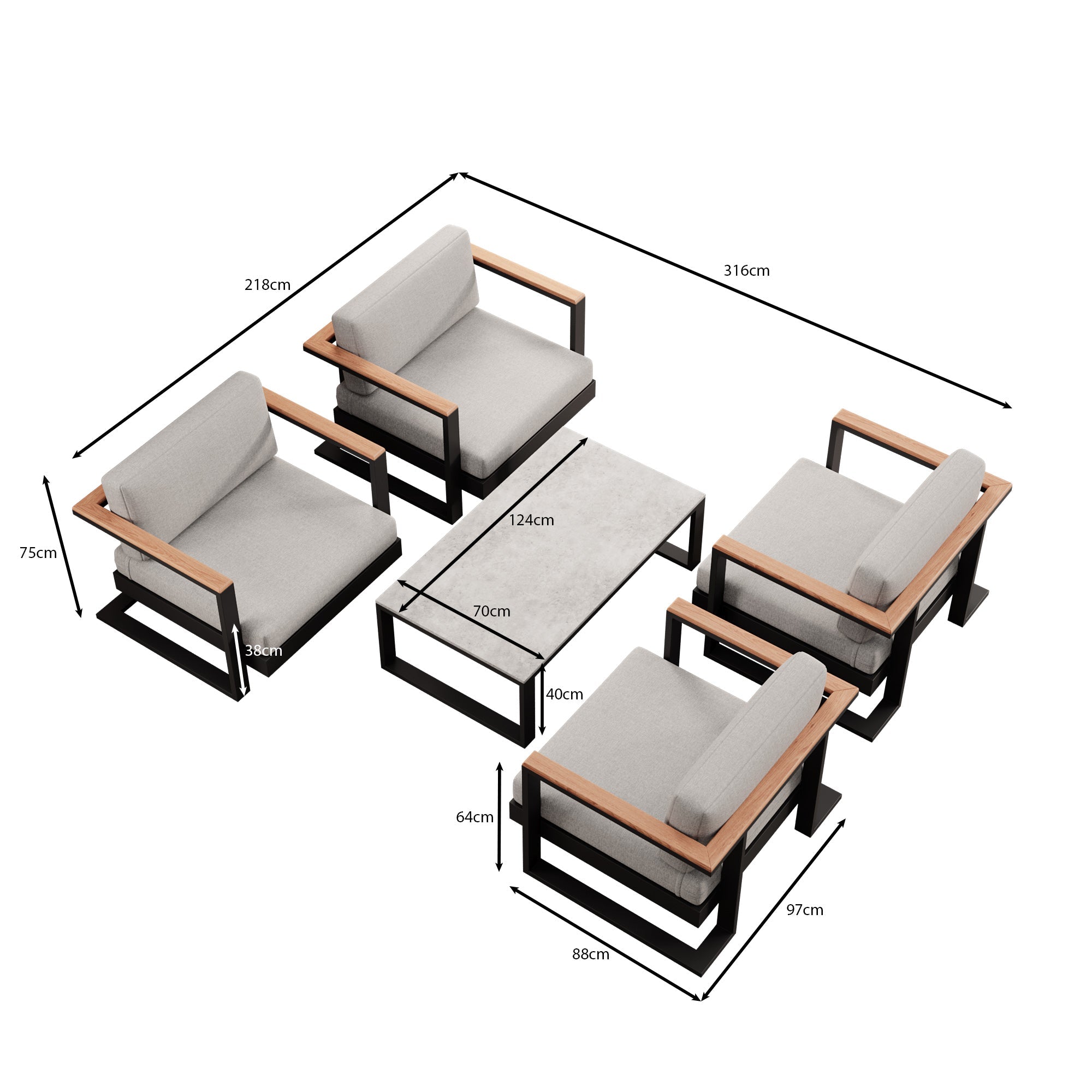 Vayla Luxus Garten Lounge Set: 4 wetterfeste Aluminium Sessel & Moderner Tisch