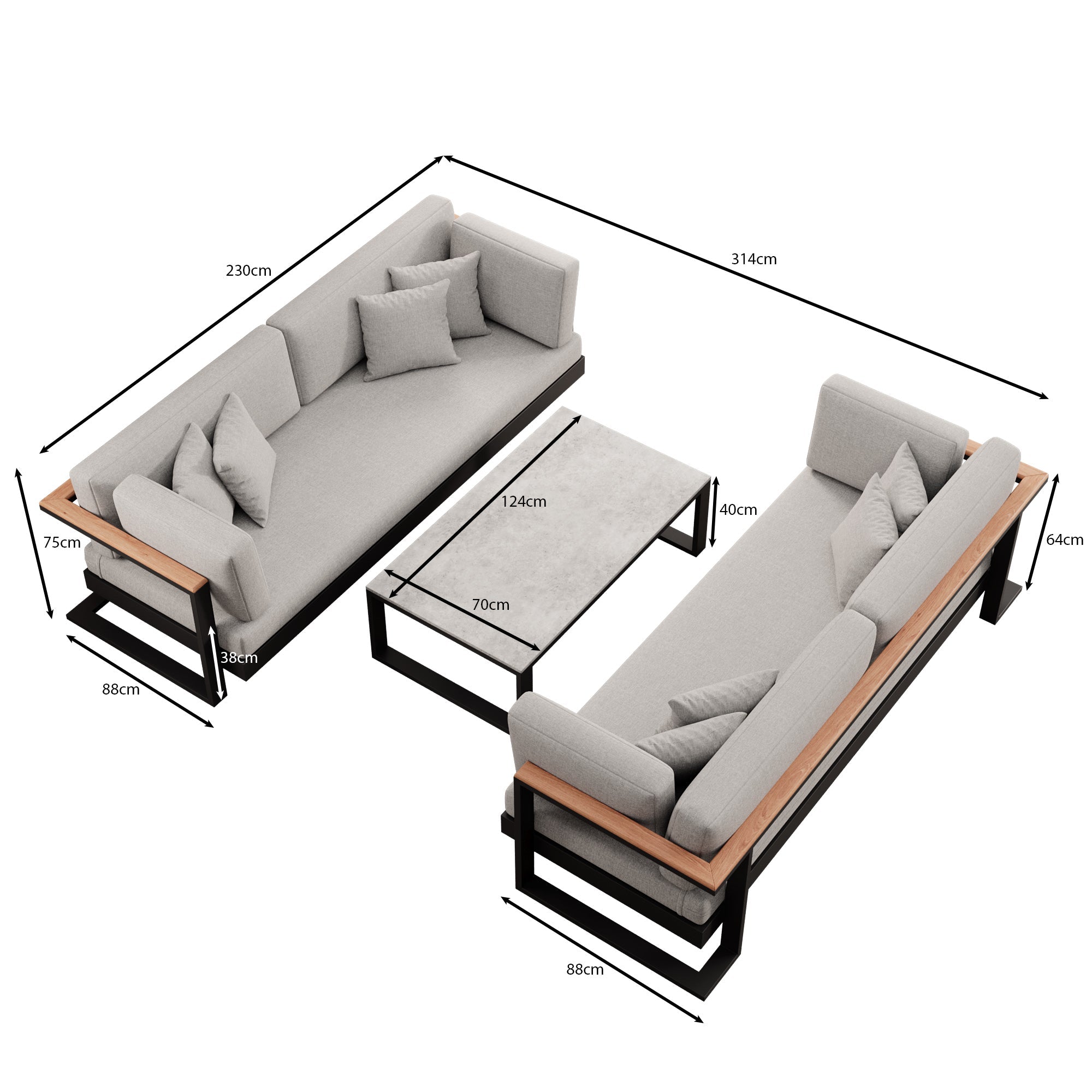 Vayla Modernes Outdoor Lounge Set: 2 Aluminium Zweisitzer, Tisch – Sunbrella Stoff Bezüge