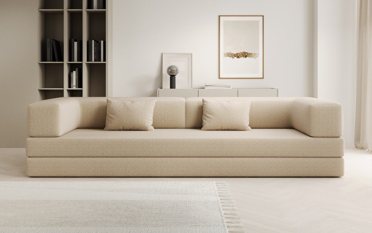 Luxuriöses XXL Designer Bouclé Sofa – 3 Sitzer mit Schlaffunktion & Stauraum