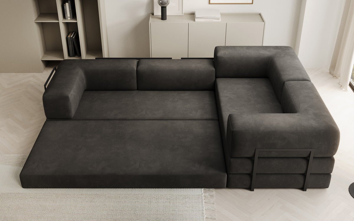 Luxuriöses Samt Ecksofa Lazy L mit Schlaffunktion und cleverem Stauraum