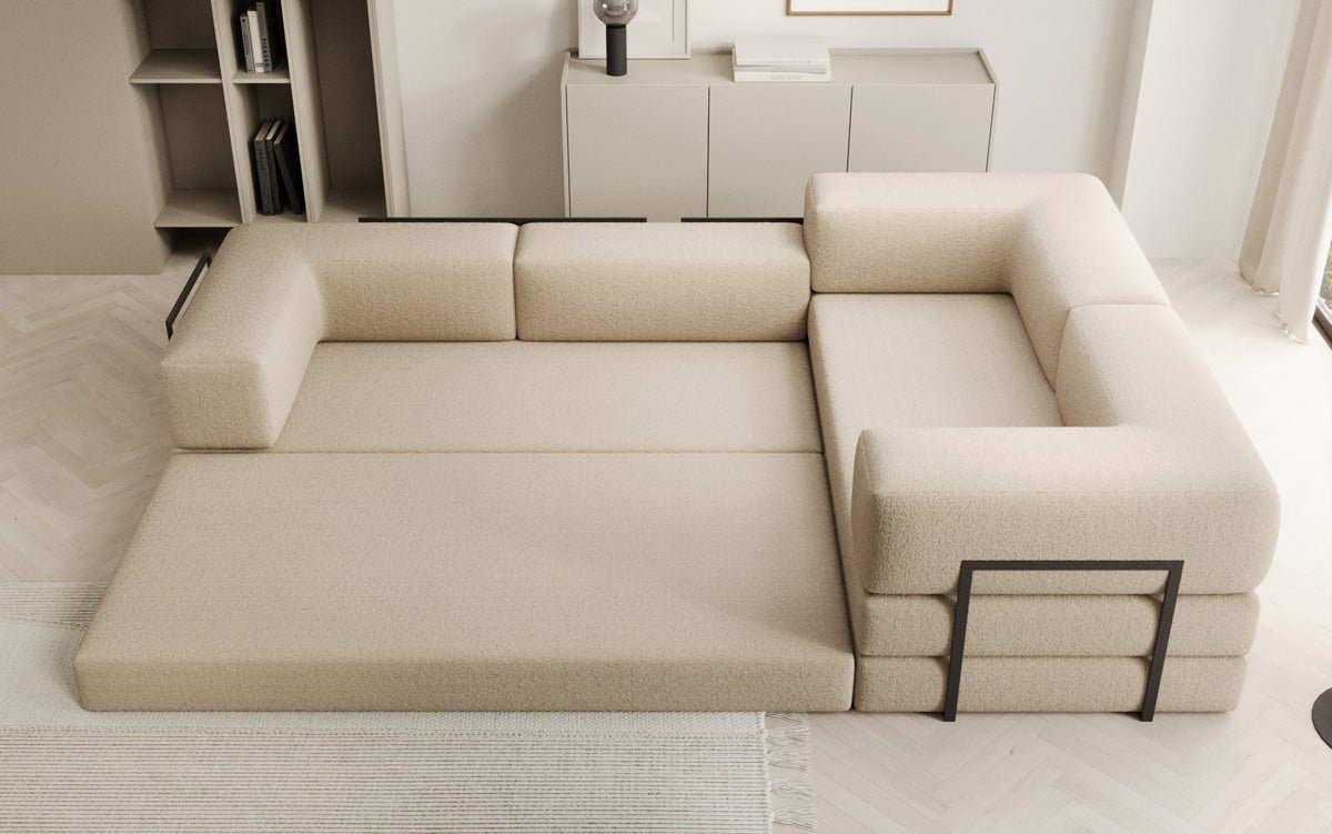 Luxuriöses Bouclé L-Sofa Lazy L: Schlaffunktion, Stauraum, Komfort, Modernes Design