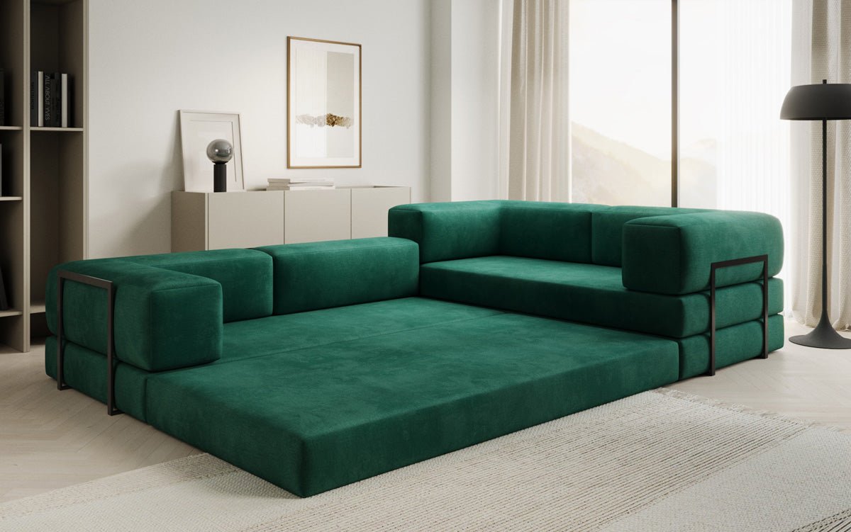 Luxuriöses Samt Ecksofa Lazy L mit Schlaffunktion und cleverem Stauraum