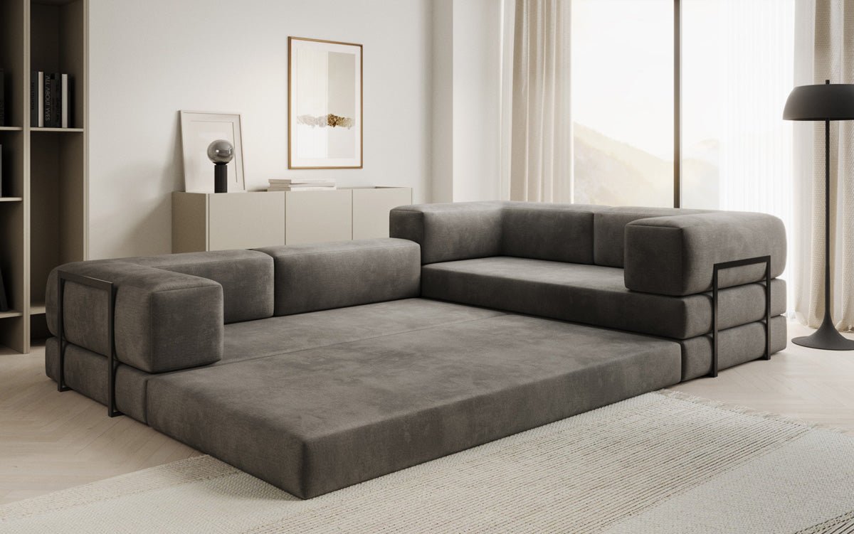 Luxuriöses Samt Ecksofa Lazy L mit Schlaffunktion und cleverem Stauraum