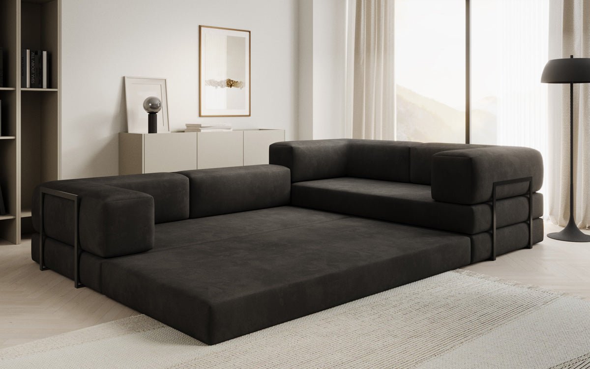 Luxuriöses Samt Ecksofa Lazy L mit Schlaffunktion und cleverem Stauraum