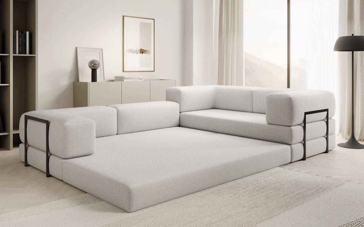 Luxuriöses Bouclé L-Sofa Lazy L: Schlaffunktion, Stauraum, Komfort, Modernes Design
