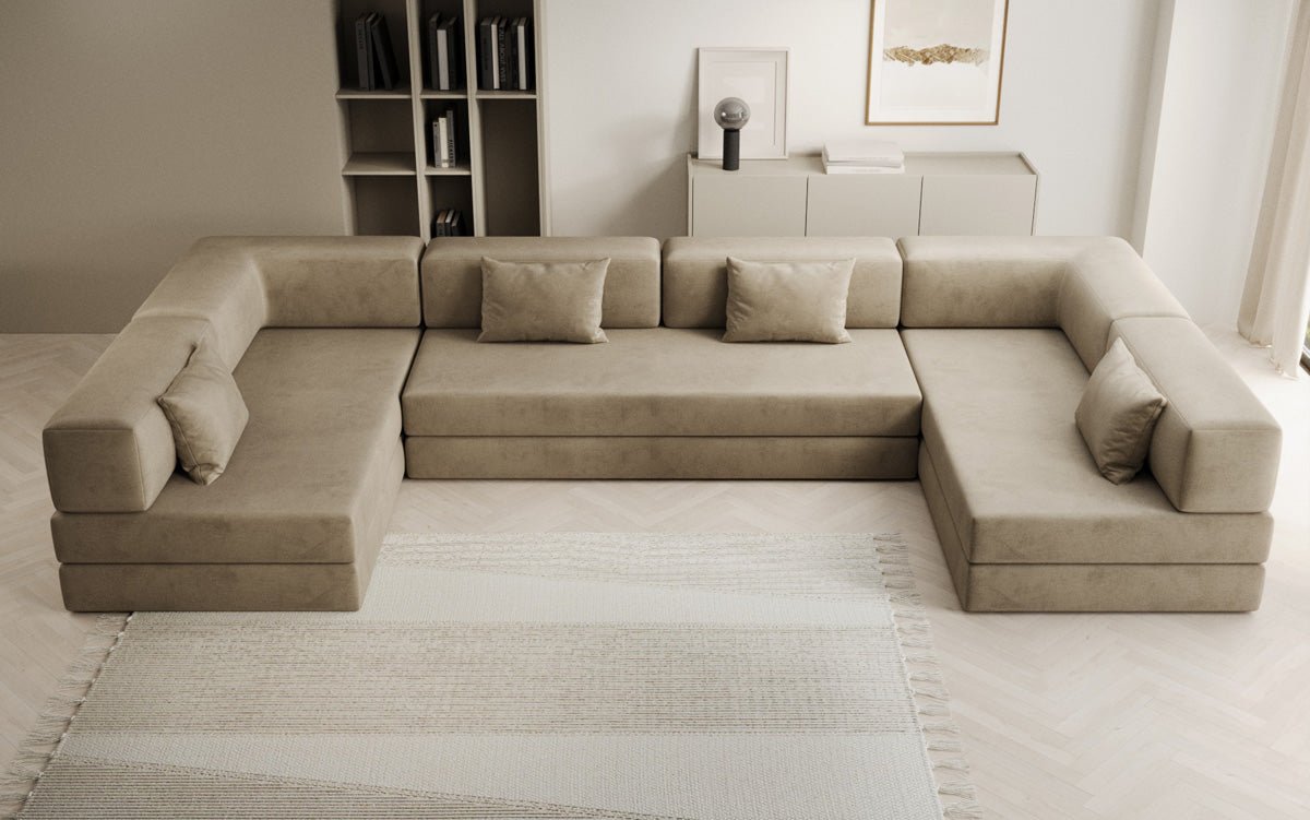 Luxuriöses U-förmiges Designer-Sofa aus Samt mit Schlaffunktion und Stauraum