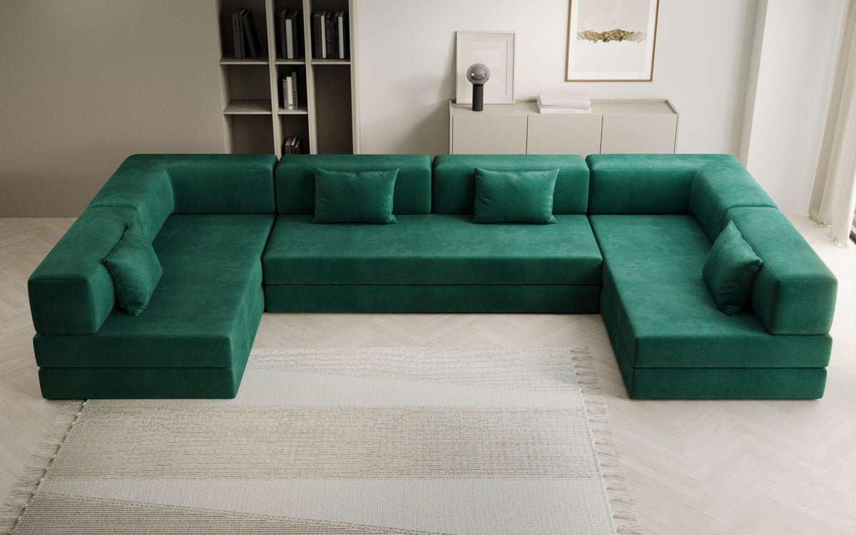 Luxuriöses U-förmiges Designer-Sofa aus Samt mit Schlaffunktion und Stauraum