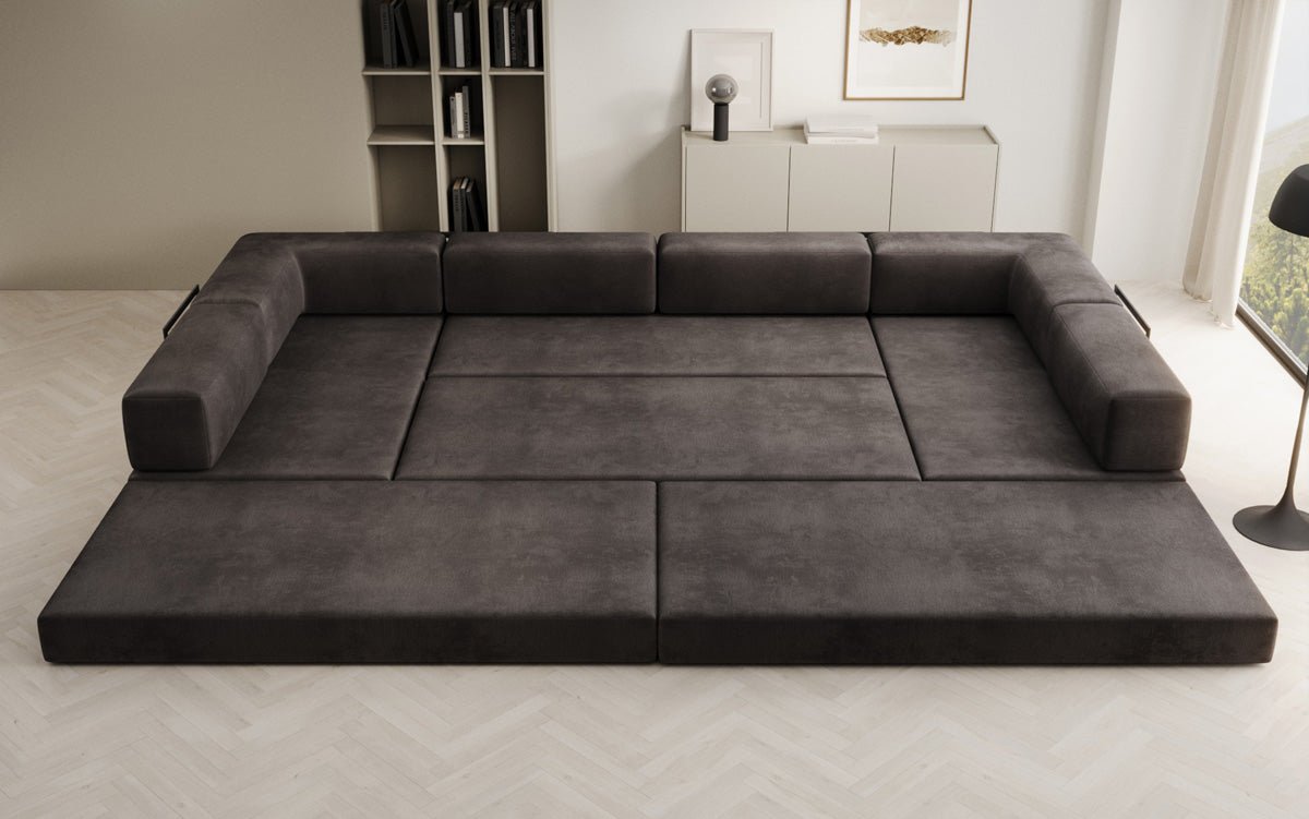 Luxuriöses U-förmiges Designer-Sofa aus Samt mit Schlaffunktion und Stauraum