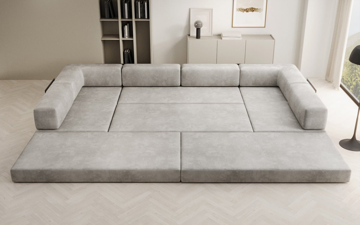 Luxuriöses U-förmiges Designer-Sofa aus Samt mit Schlaffunktion und Stauraum