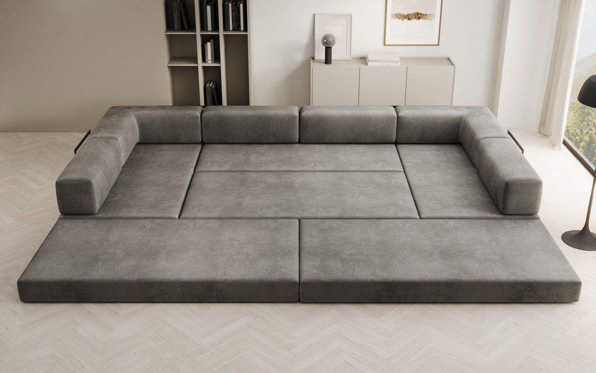 Luxuriöses U-förmiges Designer-Sofa aus Samt mit Schlaffunktion und Stauraum