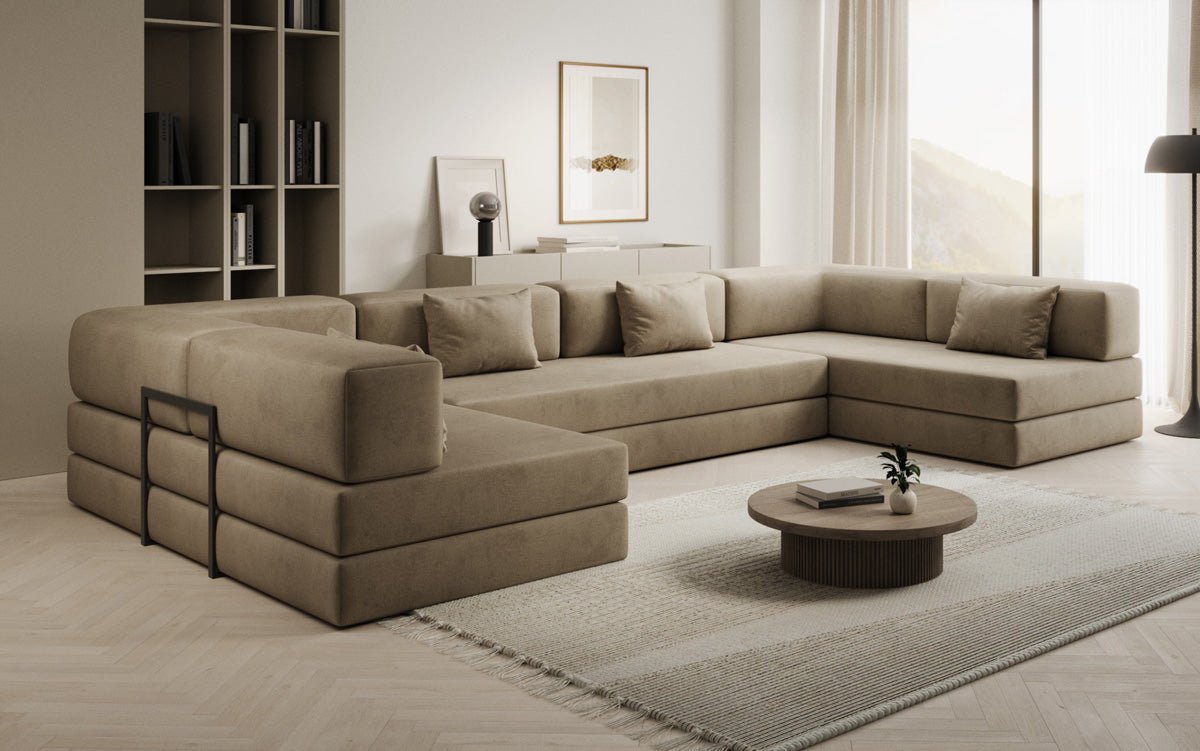 Luxuriöses U-förmiges Designer-Sofa aus Samt mit Schlaffunktion und Stauraum