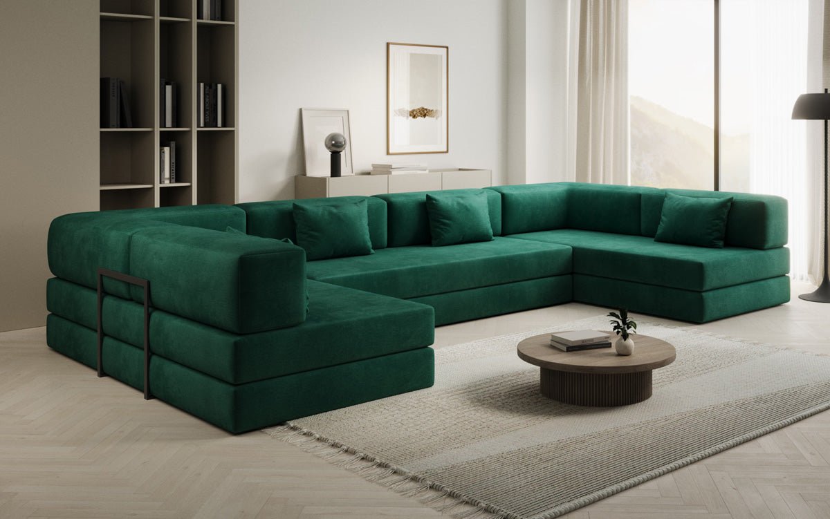 Luxuriöses U-förmiges Designer-Sofa aus Samt mit Schlaffunktion und Stauraum