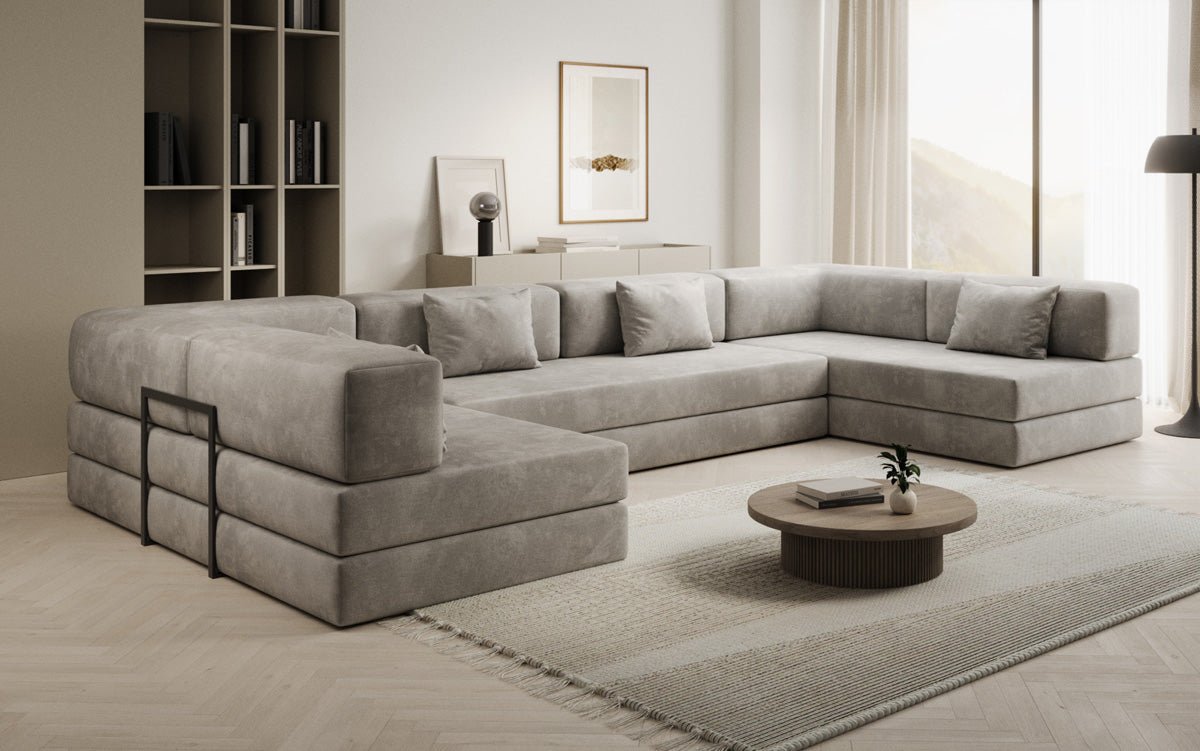 Luxuriöses U-förmiges Designer-Sofa aus Samt mit Schlaffunktion und Stauraum