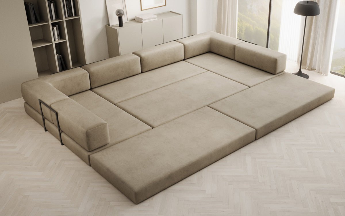 Luxuriöses U-förmiges Designer-Sofa aus Samt mit Schlaffunktion und Stauraum