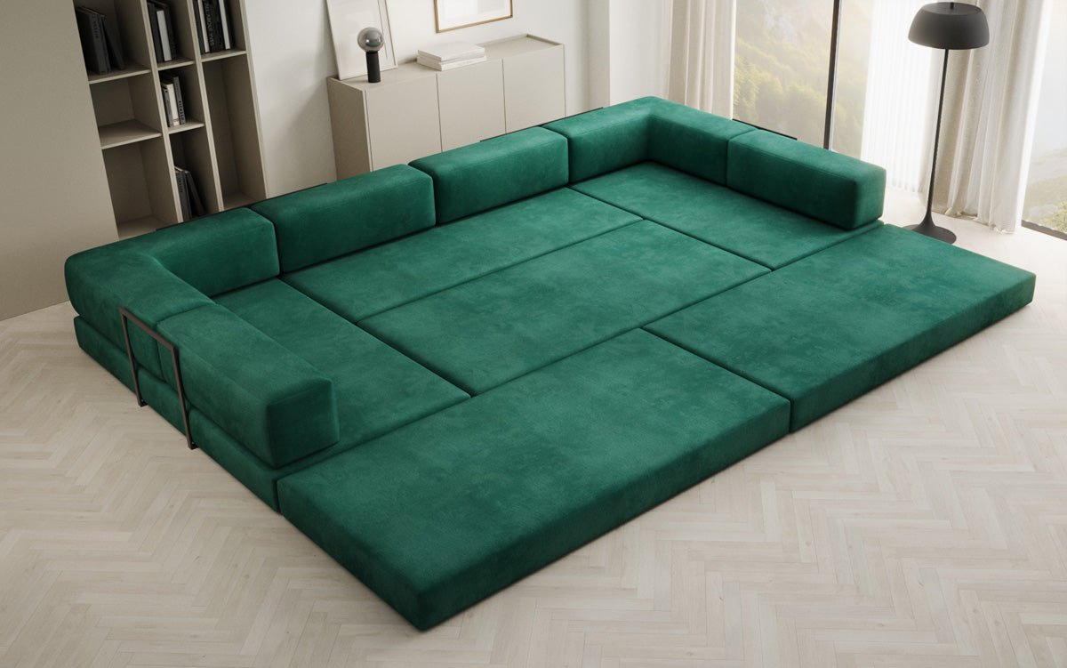 Luxuriöses U-förmiges Designer-Sofa aus Samt mit Schlaffunktion und Stauraum