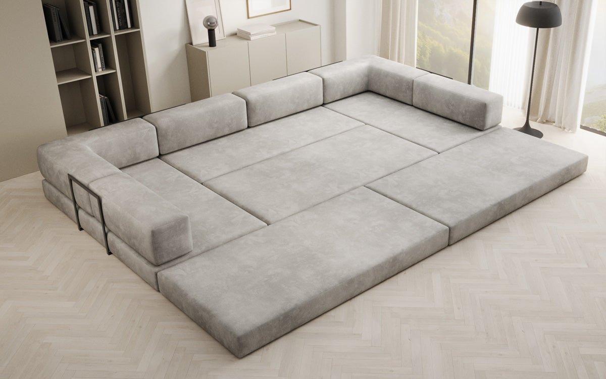 Luxuriöses U-förmiges Designer-Sofa aus Samt mit Schlaffunktion und Stauraum