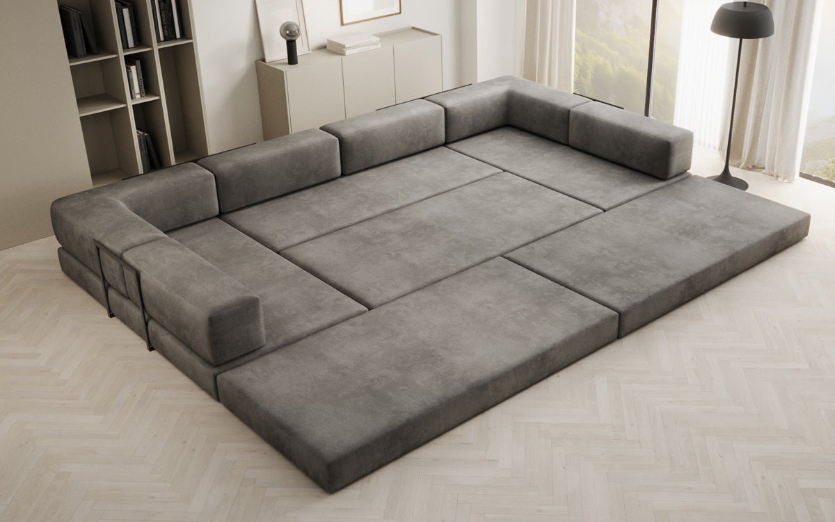 Luxuriöses U-förmiges Designer-Sofa aus Samt mit Schlaffunktion und Stauraum