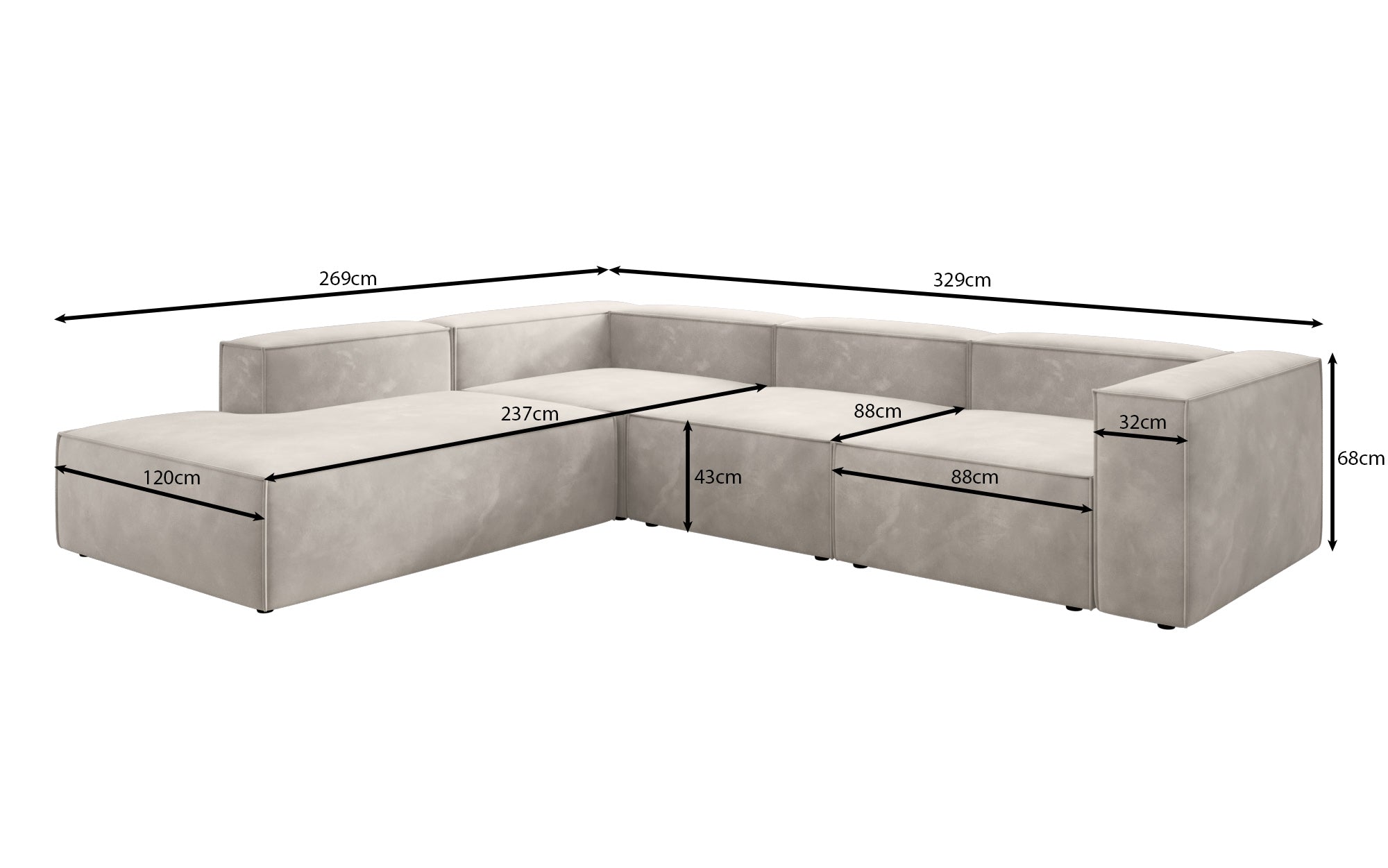 Luxuriöses L-Form Samt-Sofa Lesley mit langer Ottomane, modernes Design