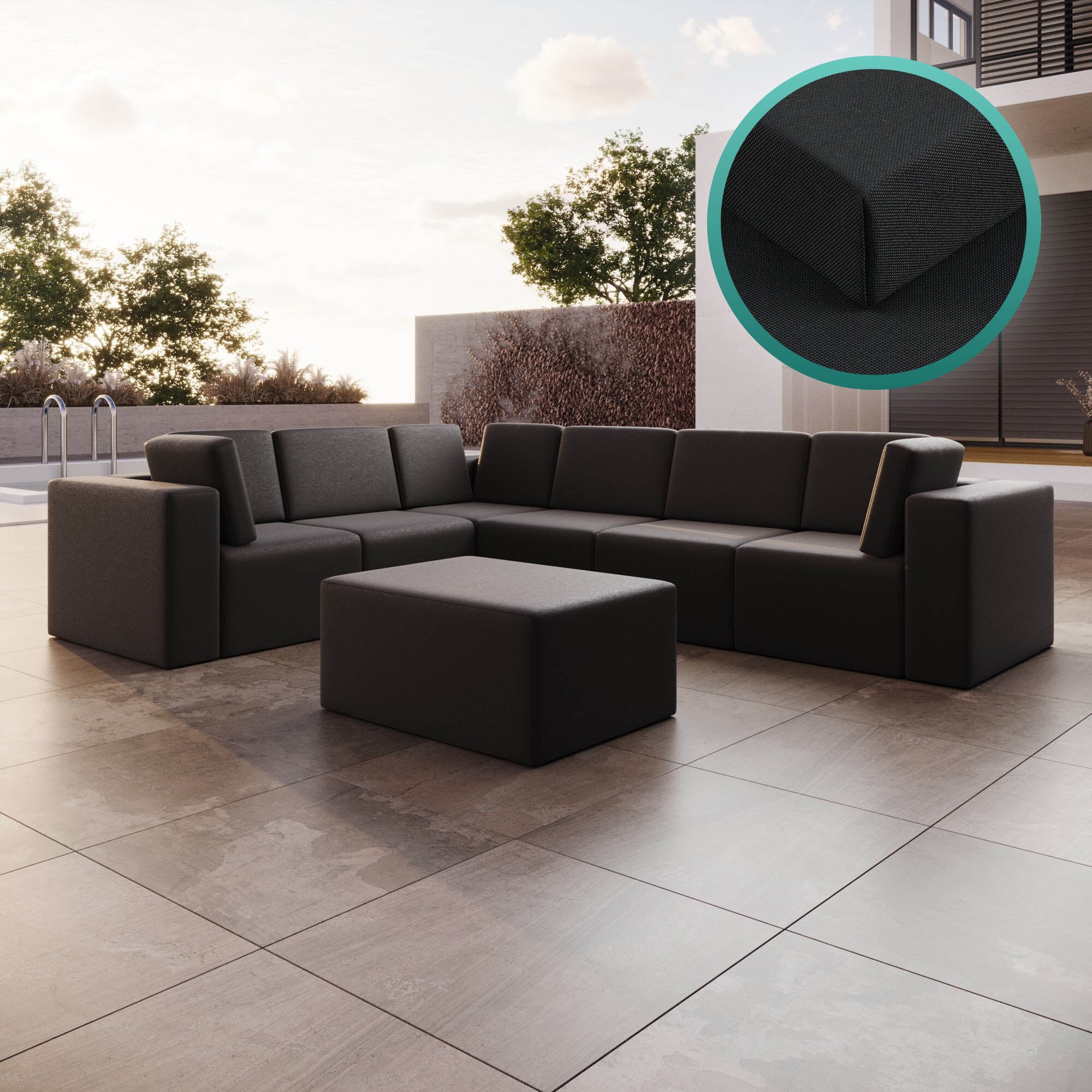 Premium Wetterfester Gartensofa Bezug L-Maxi mit Hocker – Stilvoller Schutz