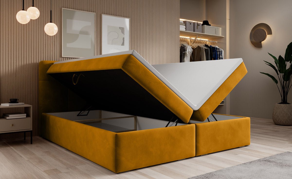 Luxuriöses Samt Boxspringbett Cozy II mit Integriertem Stauraum und Topper