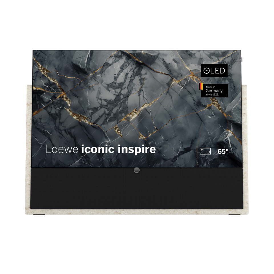 Loewe iconic inspire 65 Zoll 4K OLED TV mit Steinbasis und integriertem Soundsystem