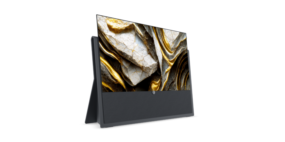 Loewe iconic inspire 65 Zoll 4K OLED TV mit Steinbasis und integriertem Soundsystem