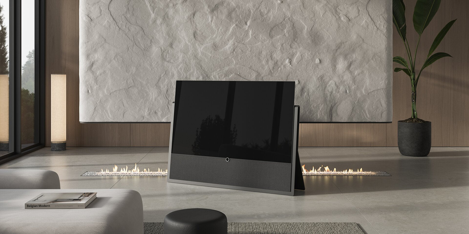 Loewe iconic inspire 65 Zoll 4K OLED TV mit Steinbasis und integriertem Soundsystem