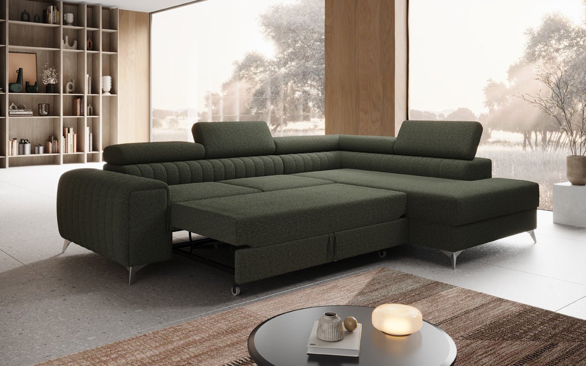 Luxuriöses L-förmiges Bouclé-Designsofa Aurea mit Schlaffunktion und Klappmechanismus