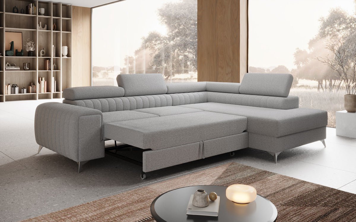 Luxuriöses L-förmiges Bouclé-Designsofa Aurea mit Schlaffunktion und Klappmechanismus