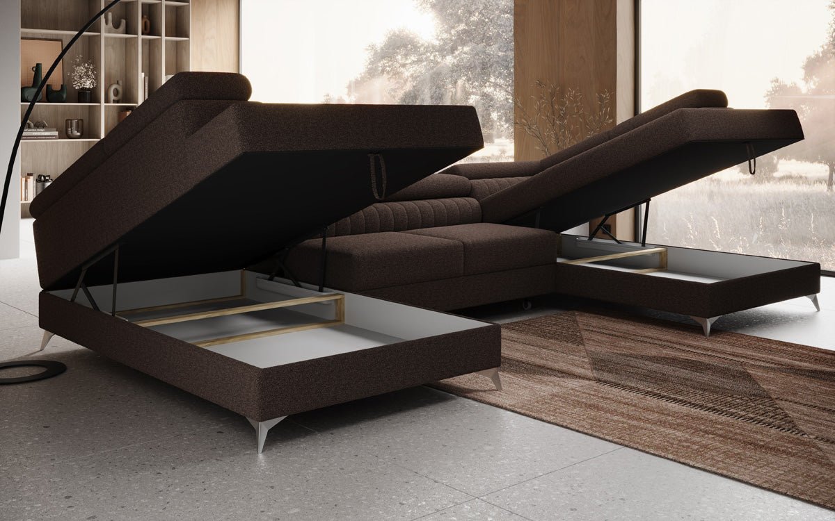 Luxuriöses U-förmiges Bouclé Designersofa Aurea mit vielseitiger Schlaf- & Klappfunktion