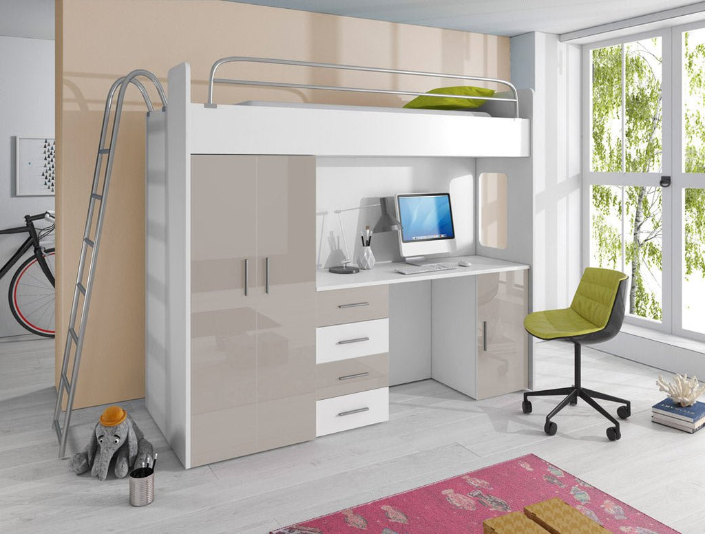 Funktionelles Kinderhochbett Study mit integriertem Schreibtisch und Stauraum